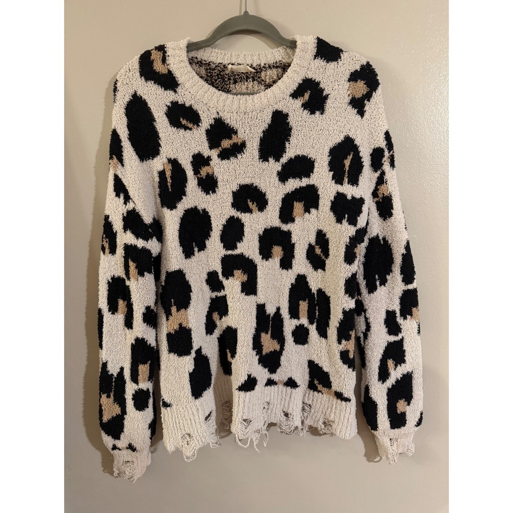 Altar'd State Leopard Print Distressed Popcorn Knit Sweater Cream Black M